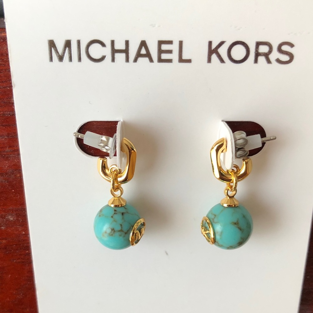 Michael Kors Gold Tone Drop Earrings Turquoise Bead Accent With MK Logo NWT